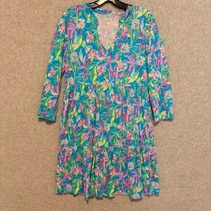 Lilly Pulitzer Teal Floral V-Neck Cotton Dress with Pink & Yellow Accents